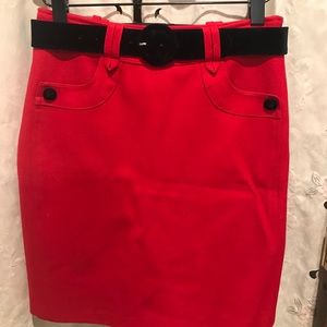 Red wool pencil skirt with black velvet belt SZ S
